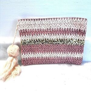 Shiraleah Woven Jute Zip Tassel With Metallic Detail Clutch Bag Pink Gold